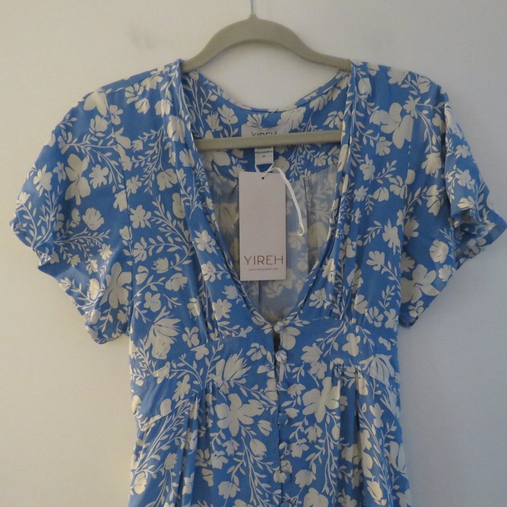 YIREH Brynn Floral Button Front Hawaiian Midi Dress in Denim Blue - Size M NWT - Picture 3 of 15